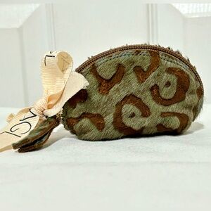 AGL Pony Hair  Leather Small Zip Coin Pouch –Blue and Brown - Black inside